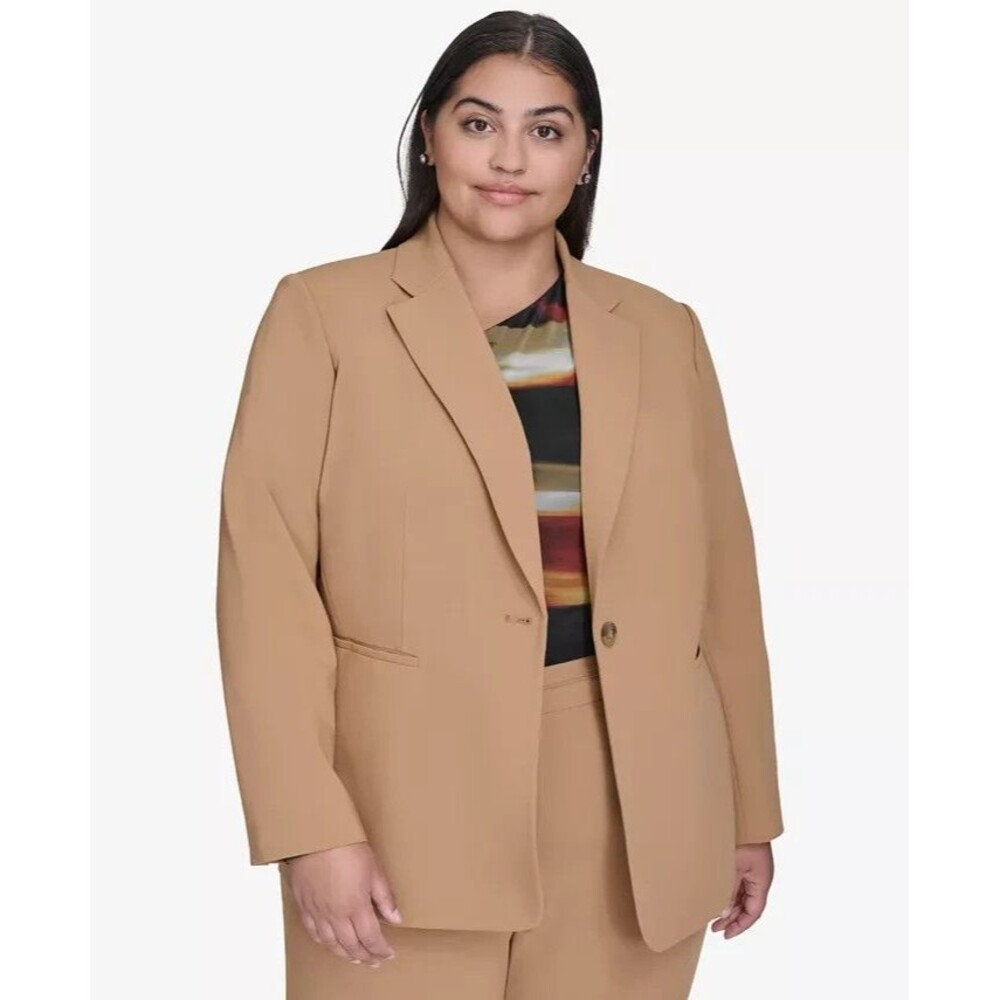 DKNY Women's  Plus Size Notched-Collar One-Button Jacket Blazer Camel Brown 24W